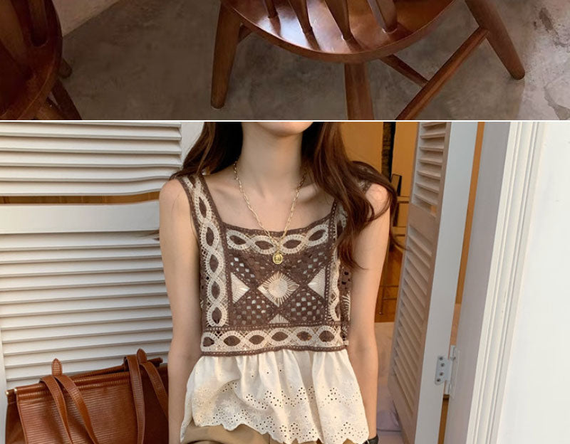 Lizakosht Patchwork Cropped Top Women Clothing Knitted Hollow Out Camisole Female Clothes Backless Lace Tops Ladies Tank-top Summer