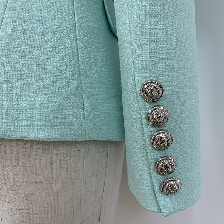Lizakosht Classic Baroque Designer Blazer Jacket Women's Metal Lion Buttons Double Breasted Textured Blazer Mint Green