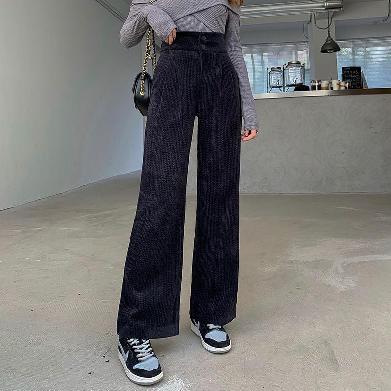 Hstar High Waist Double Button Loose Female Straight Leg Trousers Casual Pantalon Femme Pant Fashion Women Corduroy Long Pant