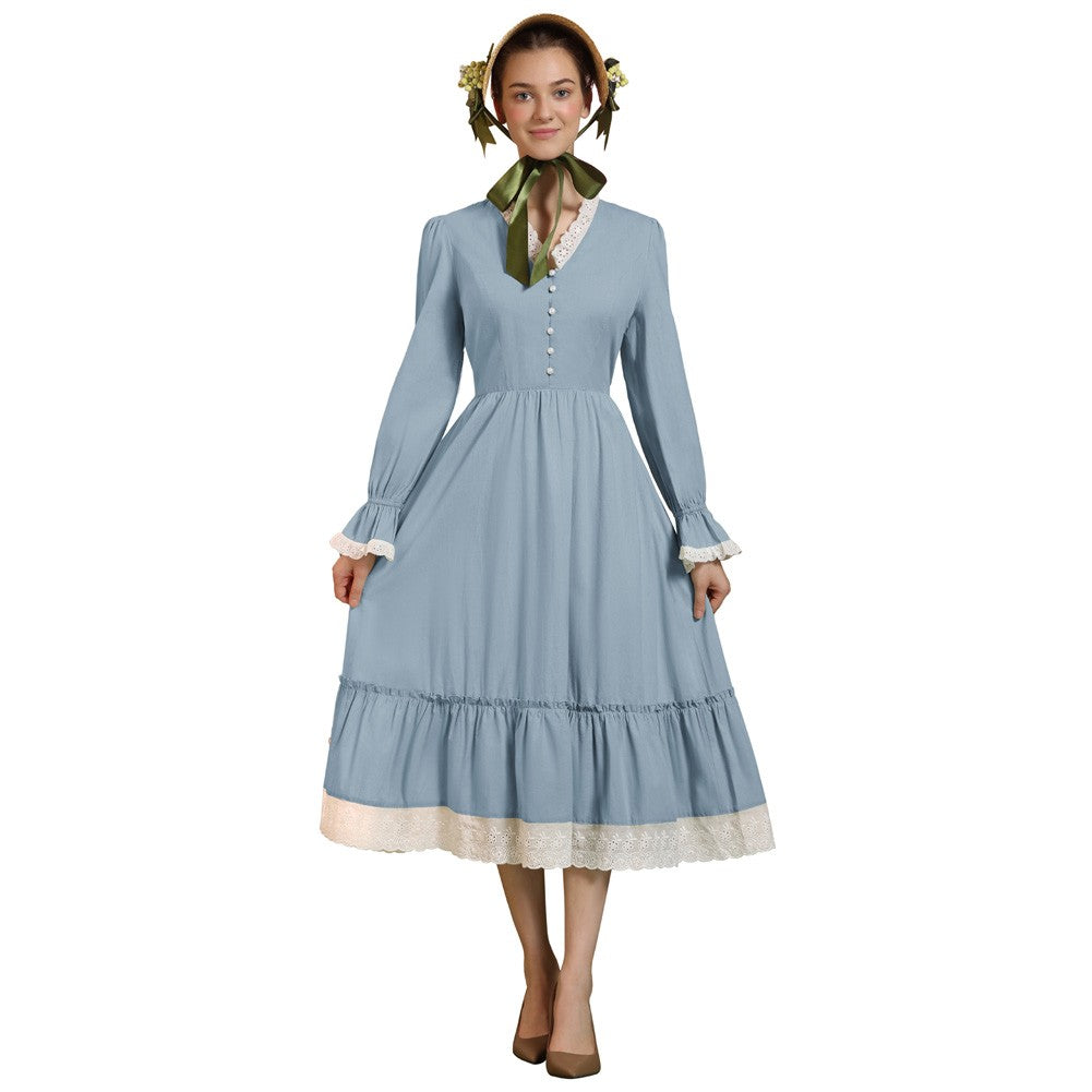 SD Women Renaissance Cotton Dress Puffed Long Sleeve V-Neck Flared A-Line Dress Women Vintage Solid Color Winter Dress Elegant