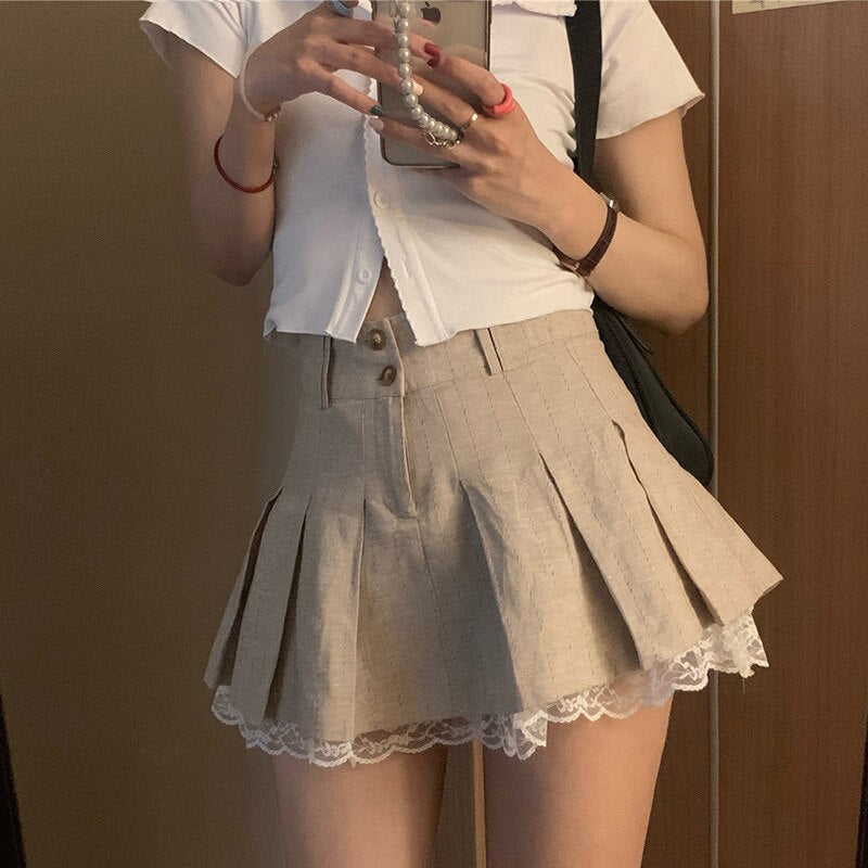 Lizakosht Grunge Fairycore Lace Double Layer Mini Skirt Button Y2K Cute Solid Pleated Skirts Elfcore Patchwork Clothes Aesthetic