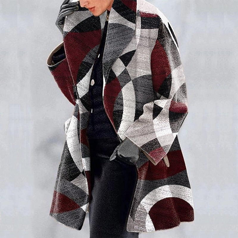 Vintage Harajuku Pattern PrintP Women Tweed Outerwear Autumn Winter New Elegant Lapel Loose Coat Fashion Long Sleeve Jacket Tops