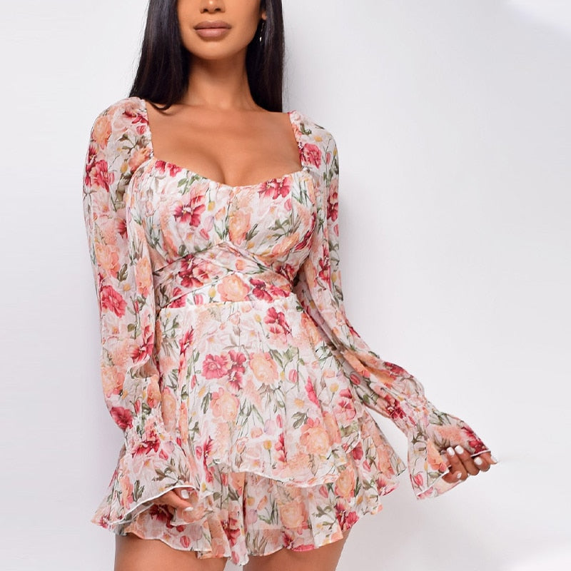 Lizakosht  Women's Chiffon Long Sleeves Jumpsuit Lace Up Ruffle Floral Print Romper Female Playsuit 2022 Ladies Sexy Square Collar Jumpsuit