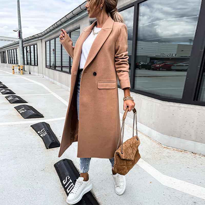 New Fashion Elegant Women Long Overcoat Autumn Winter Turn-Down Collar Woolen Coat Tops Office Lady Casual Loose Outwear