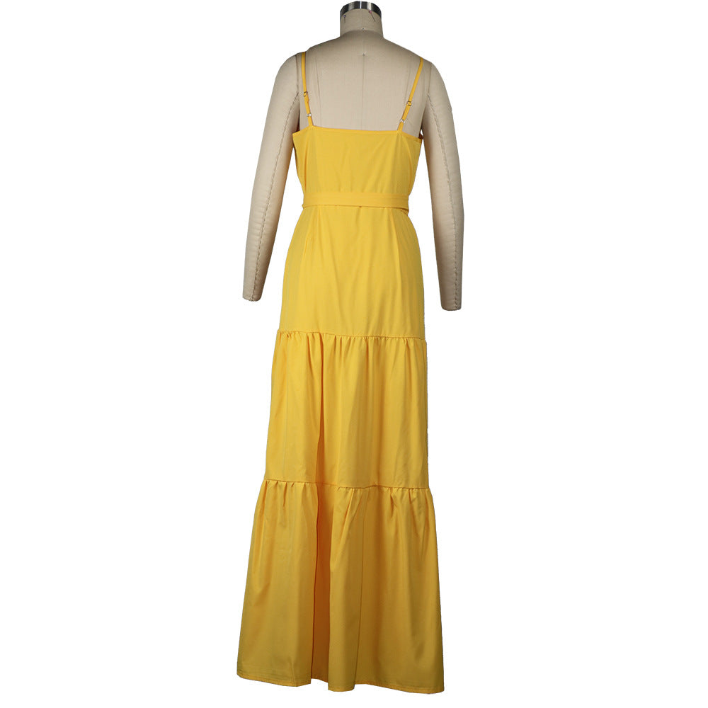 Summer Green Tunic Maxi Dress V Neck Robe Femme Belt Elegant Ruffles Party Long Dresses Spaghetti Strap Casual Vestidos Mujer