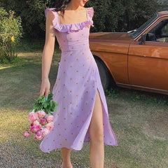 Floral French Dress Elegant Women Summer Strapless Vintage Split Long Purple Dress Print Chic Retro Sweet Boho Dress Vestidos