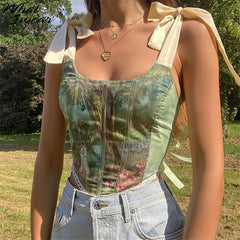 Lizakosht Y2K Vintage Aesthetic Printed Lace Up Camisole Women Bow Bandage Hollow Tank Top Skinny Party Streetwear Summer Trend