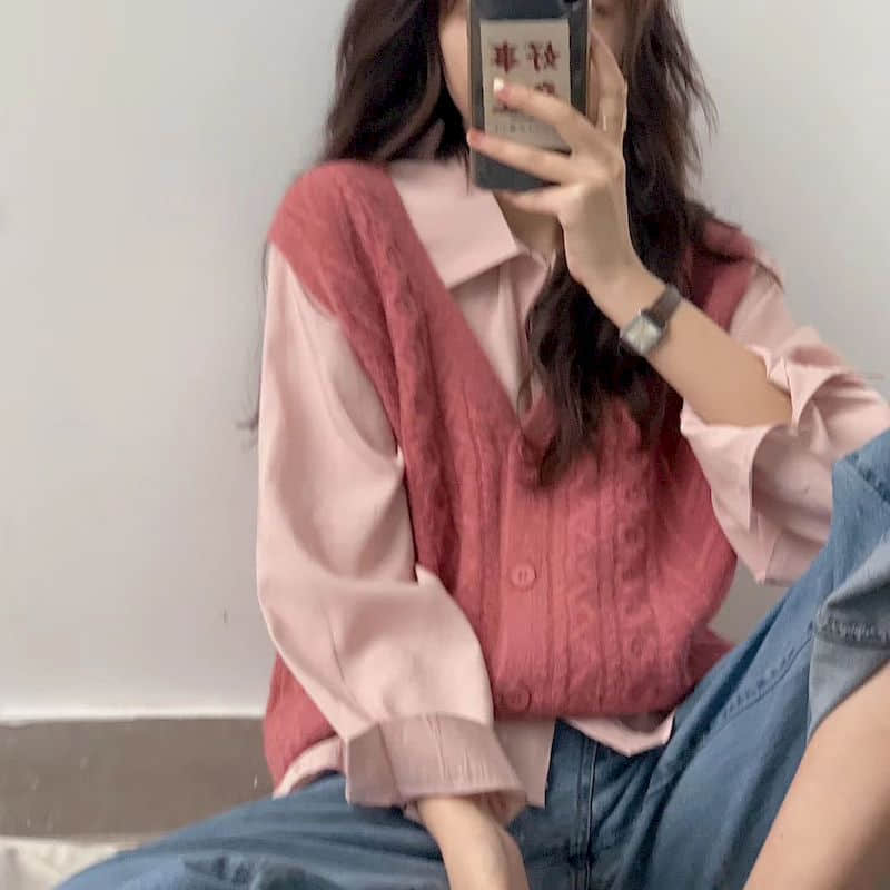 One-piece/set vest women's  spring and autumn style Korean college style knit top v-neck sweater two-piece suit intellectual