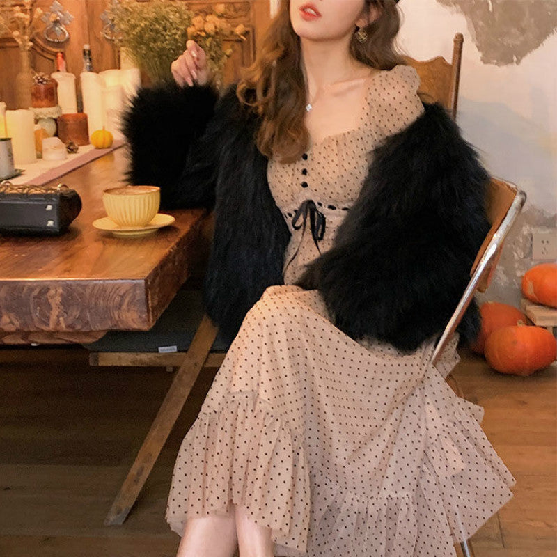 French Vintage Midi Dress Women Puffer Sleeve Square Collor Office Elegant Dress Female 2021 Spring Dot One Piece Dress Korean