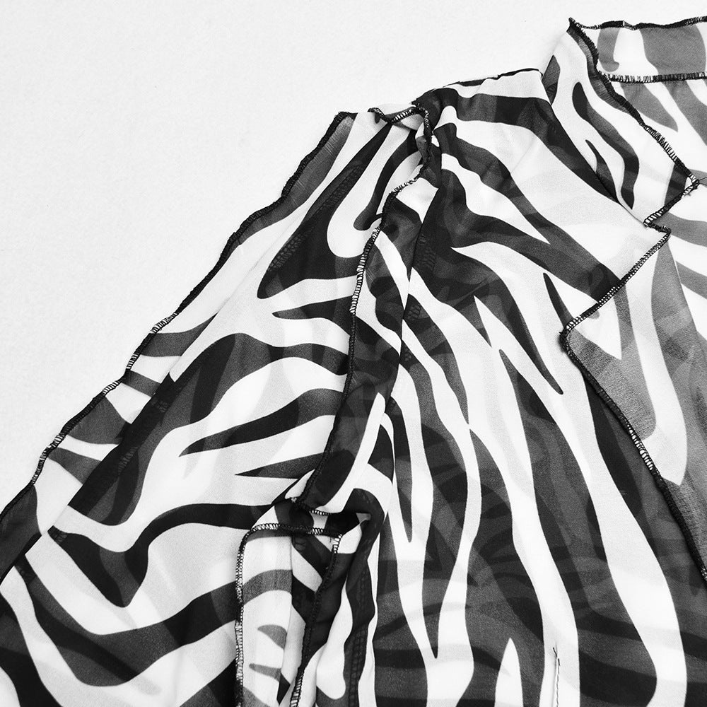 Lizakosht Printed Sexy Bandage Chiffon T Shirts Women Slim Casual Long Sleeve Tees Crop Tops Holiday Beachwear Cardigans