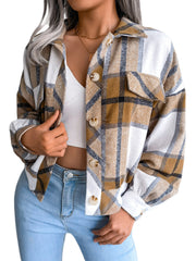 Lizakosht Women Plaid Wool Jacket, Adults Button-down Color Block Lantern Sleeve Lapel Cardigan