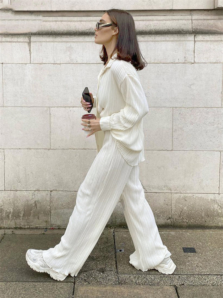 Lizakosht New Luxury Pleated Women's Set Oversized Two Piece Set Turn Down Collar Shirt Top And Pants Sets Casual High Street