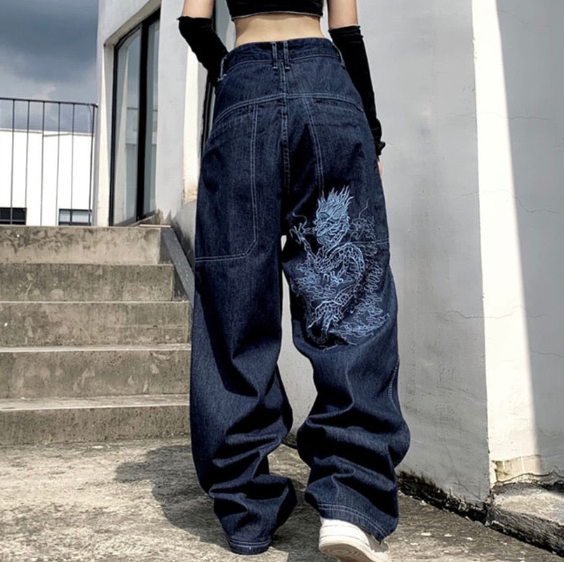 Lizakosht American retro street loose embroidered straight-leg jeans women  new casual all-match high-waist mopping wide-leg trousers