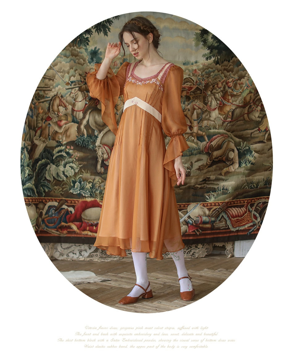 Lizakosht Spring Autumn Dress Women Vintage Elegant Slim Midi Dress Sweet Mori Girl Retro Embroidery Long Sleeve Lace Patchwork Long Dress
