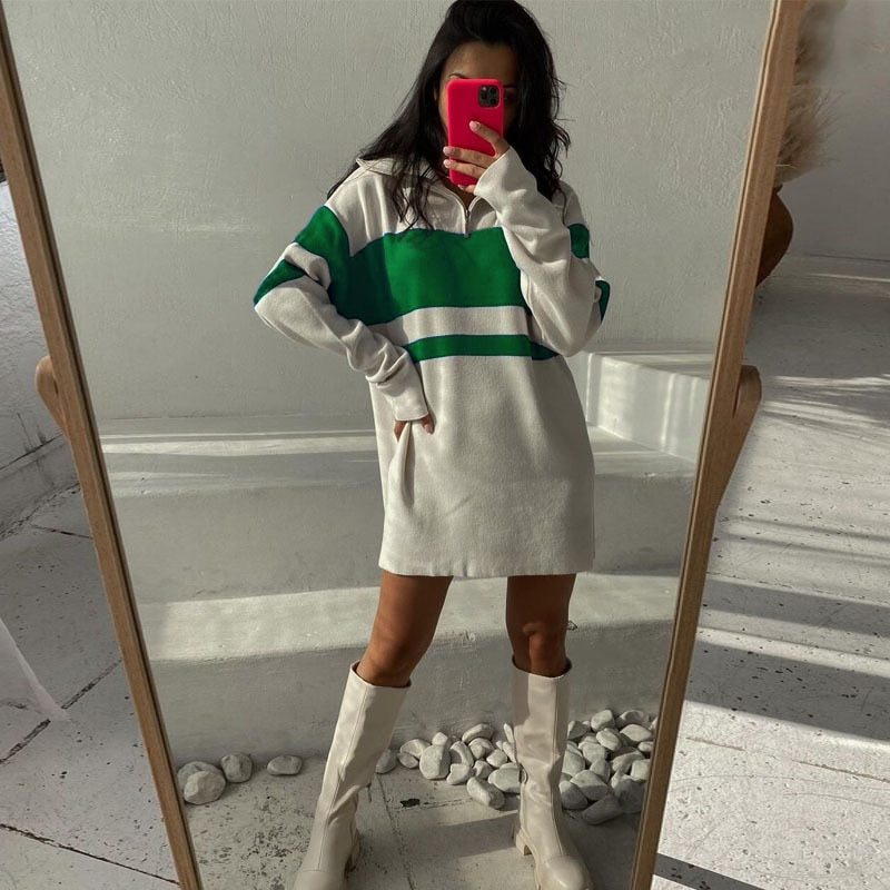 Striped Pullover Sweater French Style Female Jumper Oversize Lazy Oaf Turn-down Collar Knitted Plus Size Autumn Spring