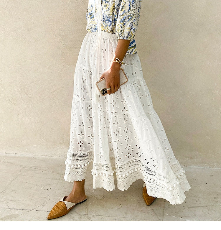 Lizakosht white eyelet skirts for women elastic waist tassel tied pom pom trims summer skirt long bohemian skirts womens