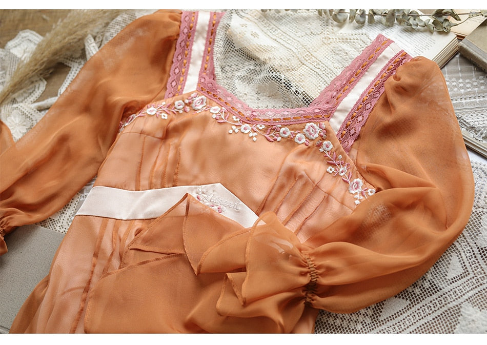 Lizakosht Spring Autumn Dress Women Vintage Elegant Slim Midi Dress Sweet Mori Girl Retro Embroidery Long Sleeve Lace Patchwork Long Dress