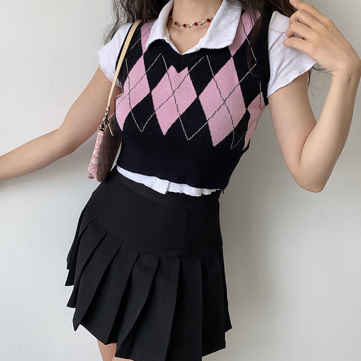Lizakosht Vintage Argyle Plaid Sweater Vest Women V-Neck Female Sleeveless Tank Jumper Ladies Short Spring Knitting Pullovers Tops