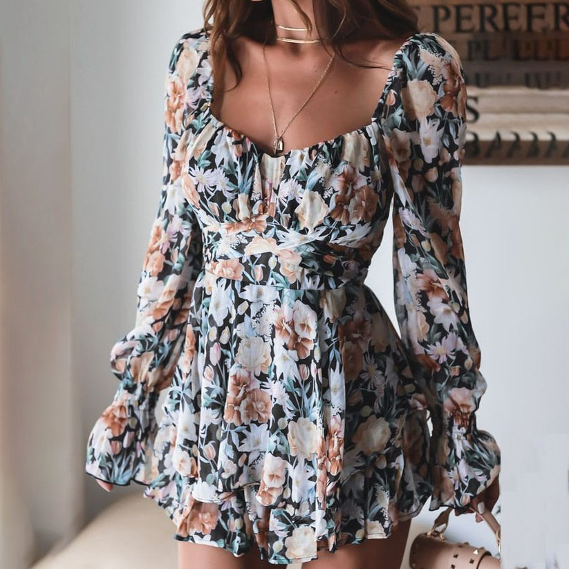 Lizakosht  Women's Chiffon Long Sleeves Jumpsuit Lace Up Ruffle Floral Print Romper Female Playsuit 2022 Ladies Sexy Square Collar Jumpsuit