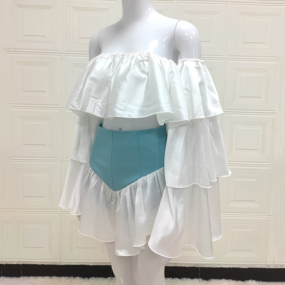 Lizakosht New Summer Two-Piece Suit One-Way Neck Ruffle Top Lady Elegant Ruffled Lady Tight Sexy Celebrity Party Suit