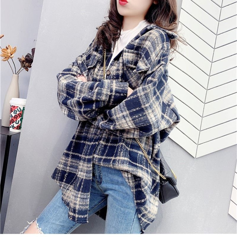 Women Spring Autumn Long Sleeve Blouse Plaid Flannel Boyfriend Tunic Shirts Loose Casual Street Lady Korean Oversized Top