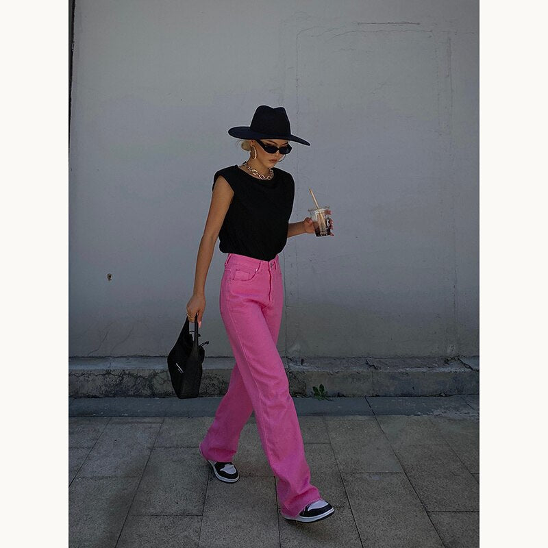 Candy Color High Waist Straight Wide Legs Pants Thin Jeans Women's Green Pants Denim Trousers Fashion Korean Women M8A