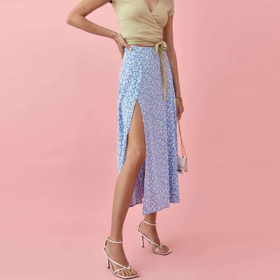 Tossy High Waist Split Out Floral Mid Skirt Women Sexy Vintage Boho A-line Skirts Slim Party Streetwear 2022 Holiday Beachwear