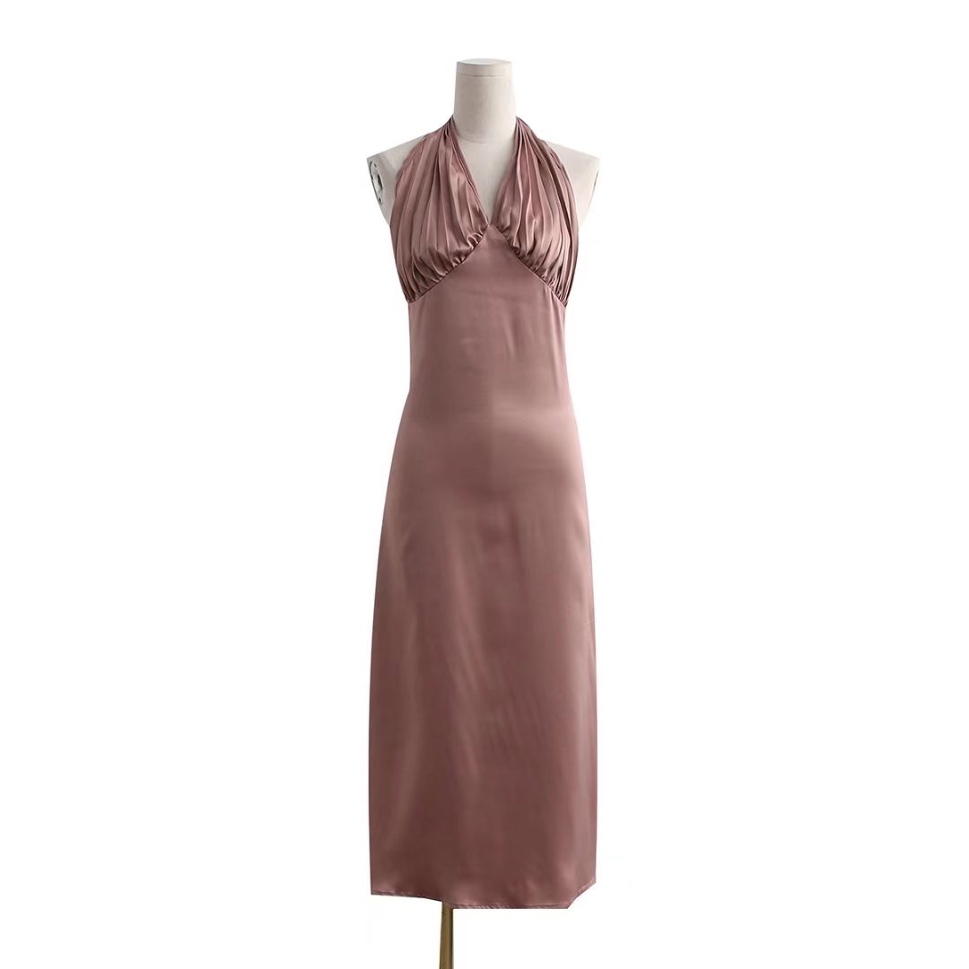 Summer dress women  evening party dresses sexy v neck dress sleeveless midi dresses satin ruched halter dress backless white
