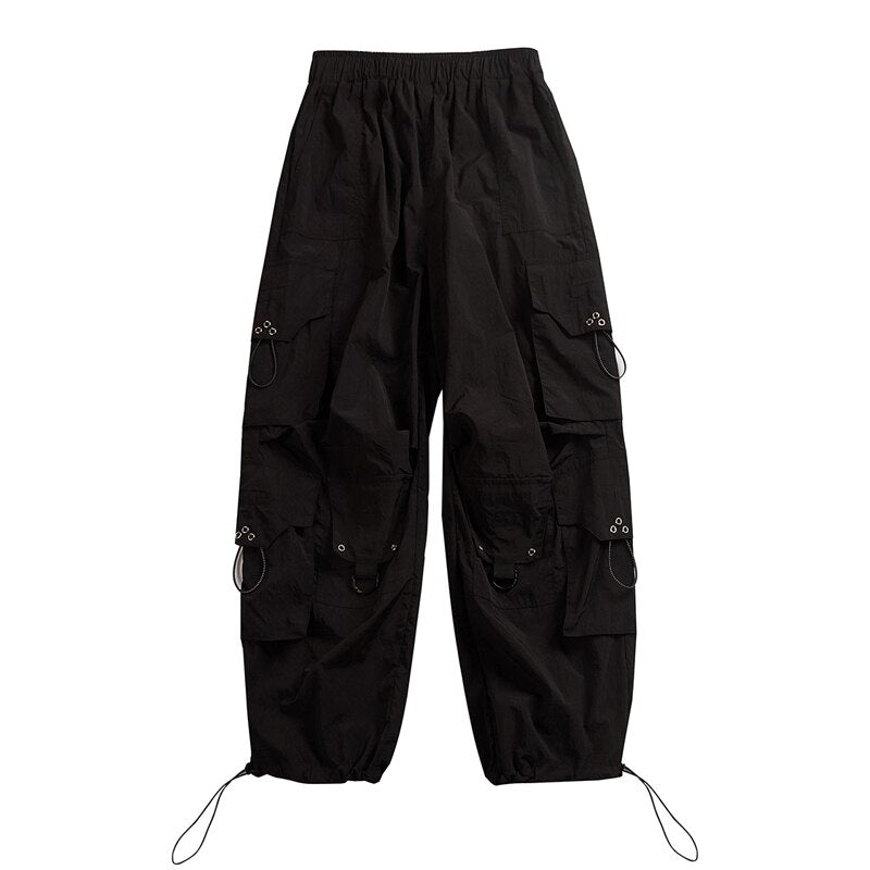 PERHAPS U Women Hip Pop Pants Pocket Elastic Waist Black Solid Casual Streetwear P0030