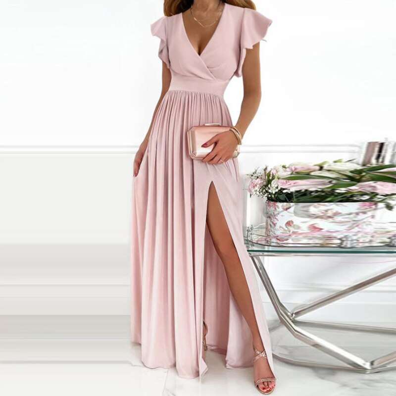 Lizakosht  Sexy Pleated V Neck Lace Party Long Dresses Women Elegant Back Zipper Maxi Dress Ladies Sleeveless High Slit Long Dress Mujers