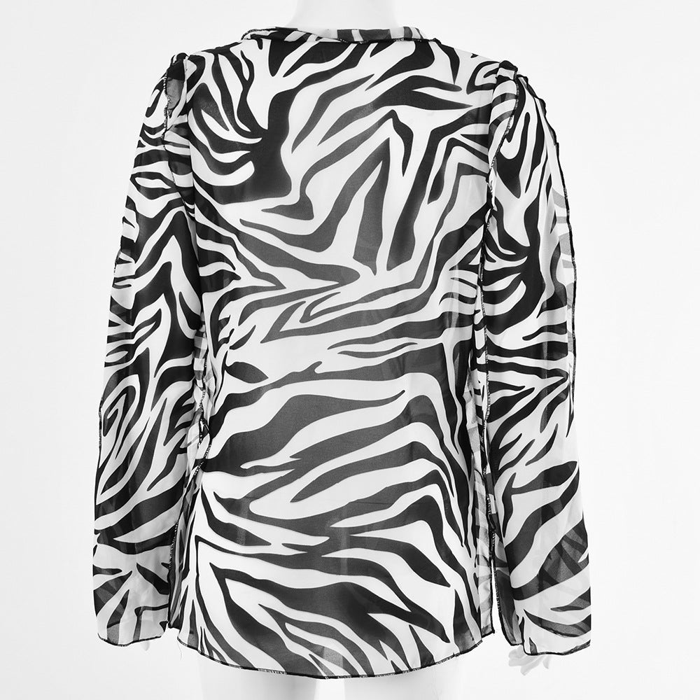 Lizakosht Printed Sexy Bandage Chiffon T Shirts Women Slim Casual Long Sleeve Tees Crop Tops Holiday Beachwear Cardigans