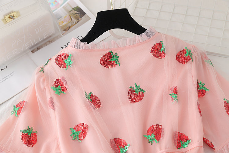 Sweet Elegant Strawberry Dress Women Summer 2022 Pink Beach Boho Party Midi Dress Ruffle Kawaii Korean Casual Vacation Clothing