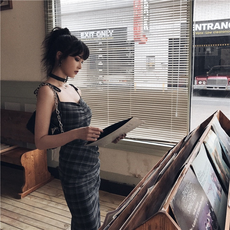 Lizakosht Punk Gothic Women Black Plaid Sexy Deep V-neck Dress Summer Elegant Fashion Dark Halter High Waist Split Dresses