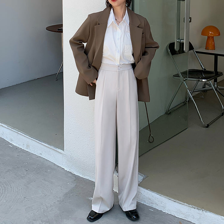 Casual Single Button Women Straight Pants Autumn Winter Pantalon High Waist Female Suit Pants