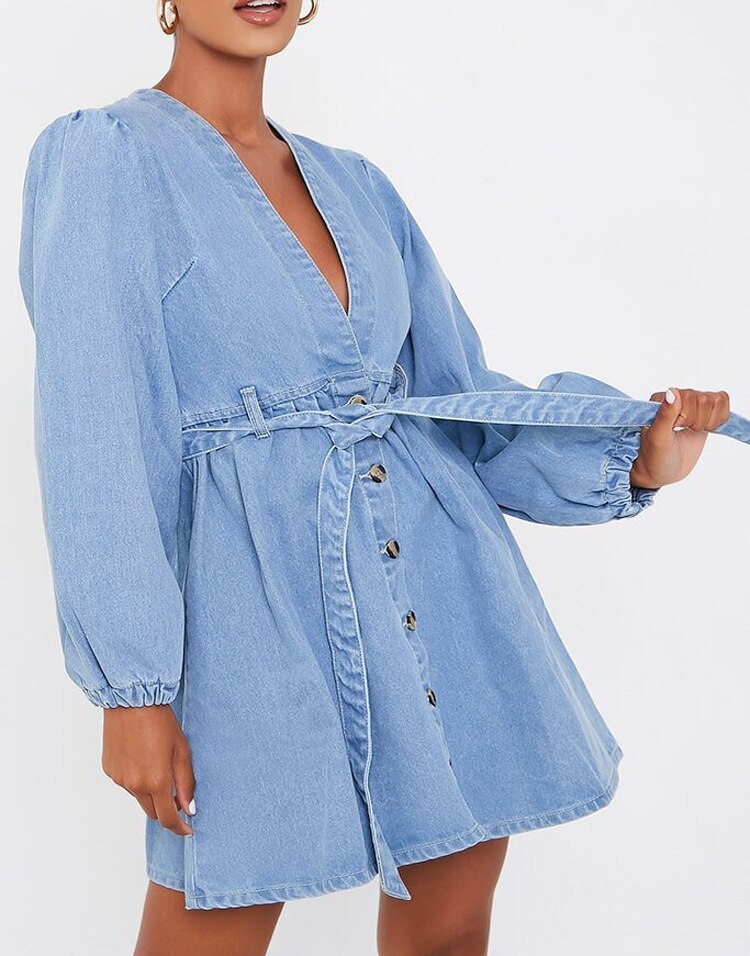 Lizakosht new women's denim dress long-sleeved cardigan V-neck big swing women's denim long-sleeved dress