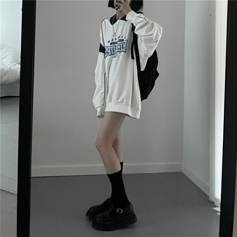 Vintage Oversized Hoodie Women Autumn Harajuku Preppy Style Patchwork Fake Two-piece Sweatshirt Casual Kpop Streetwear