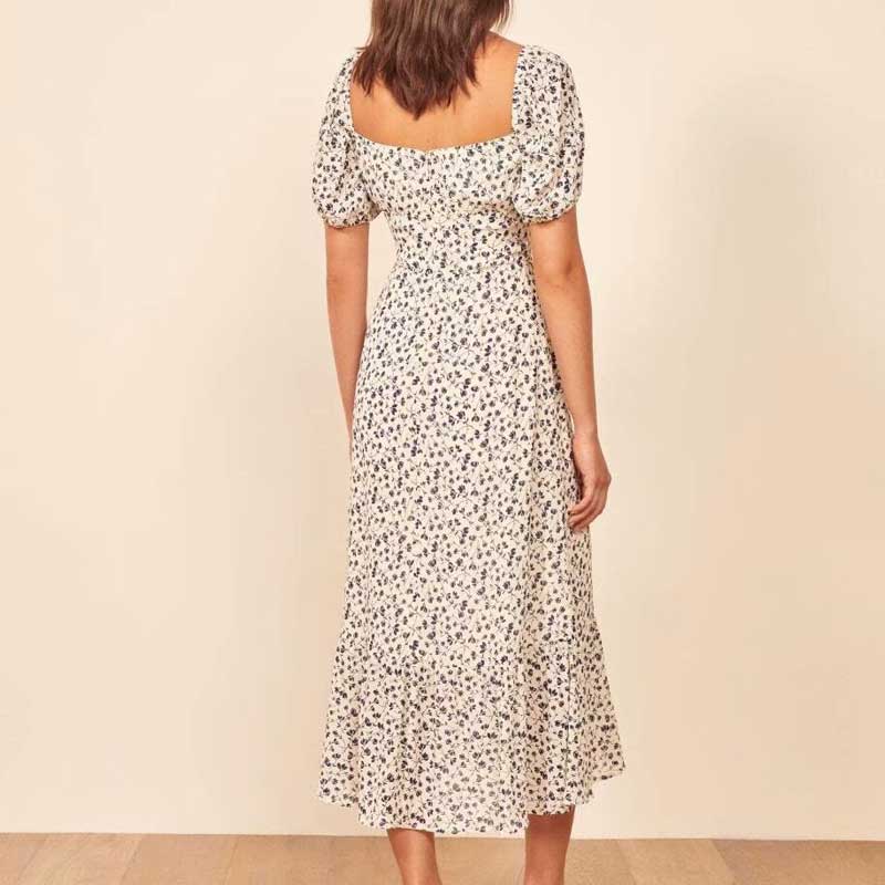 Lizakosht beige floral elegant women dress Square Collar High Waist summer dress Slim Fit Casual ladies dress chic dress