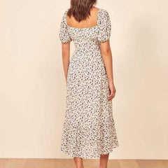 Lizakosht beige floral elegant women dress Square Collar High Waist summer dress Slim Fit Casual ladies dress chic dress