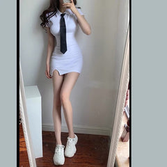 Womens Dresses New Arrival Summer Preppy Style Turn-Down Collar Tie Short Sleeve Slit Tshirt Dress 2000s Tight Knit White Dress