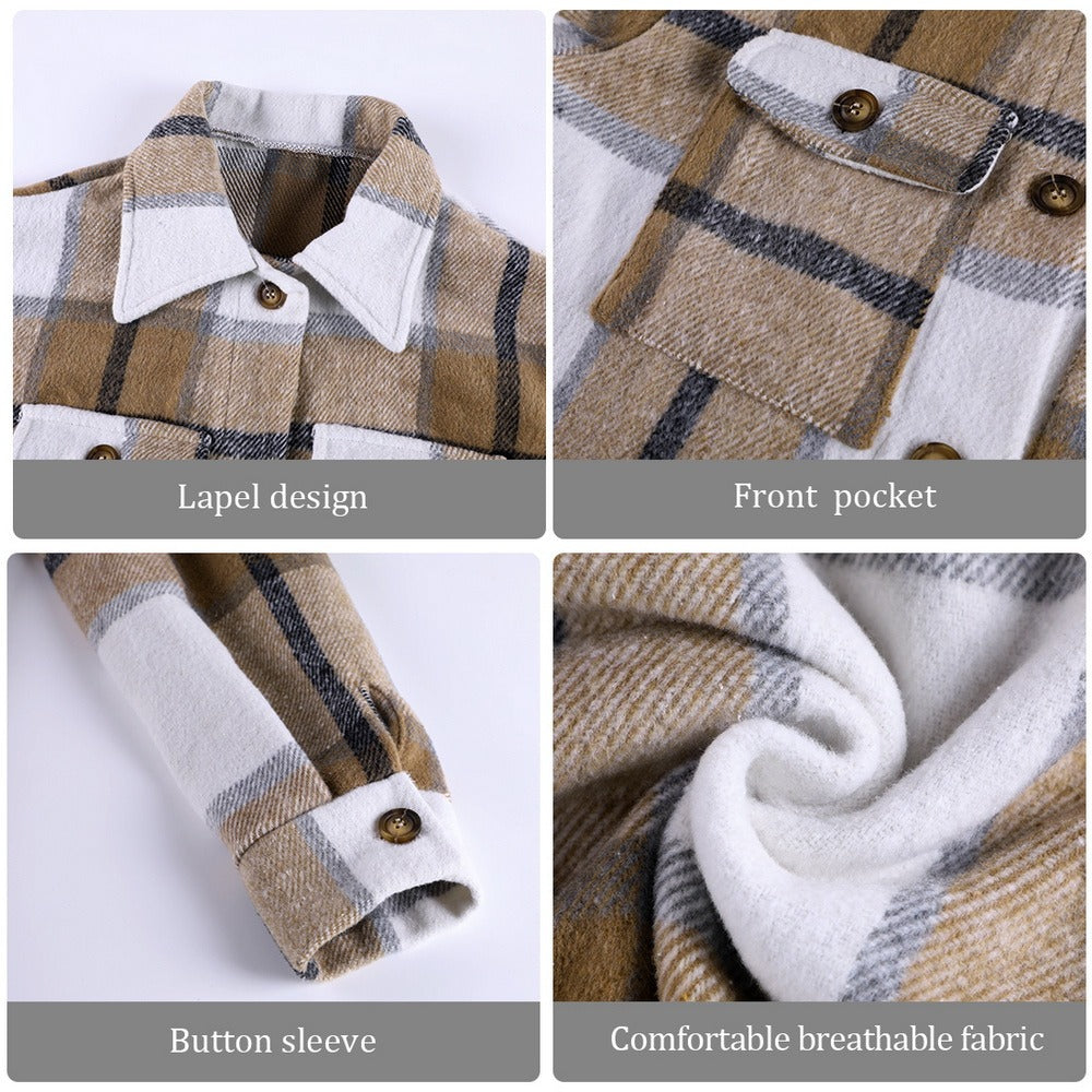 Women Vintage Warm Shirt Jacket Autumn Winter Plaid Long Shirt Jacekt Casual Loose Buttons Pockets Turn down Shirt Coat