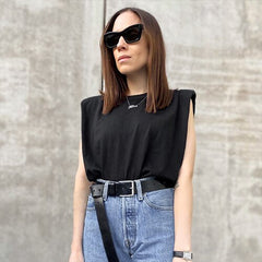 Summer Sleeveless Top Female O Neck White Women Blouse Padded Shoulder Tshirt Loose solid Chic Casual Blouses Muscle Tee Tanks