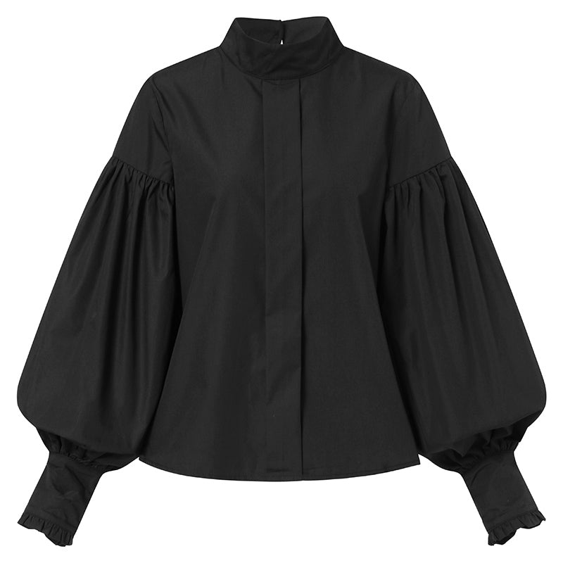 Lizakosht Fashion Women Big Lantern Sleeve Blouses Elegant Office Blusas Autumn Stand Collar Work Casual Solid Vintage Tops