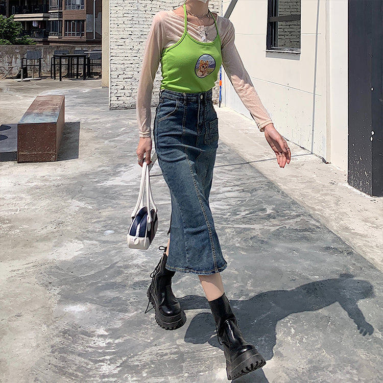 Lizakosht  Vintage Washed Jean Skirts Women High Waist Stretch Slit Ruffle Trumpet Female 2022 New Sexy Fitness Tight Skirt