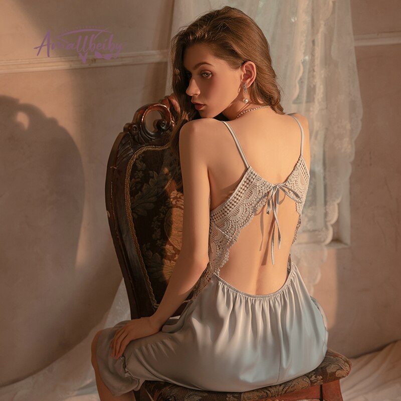 New French Long Nightdress Women Sleepwear Satin Lace Perspective Suspender Night Dress Princes Sleeping Dress Home Clothes