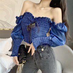 New Women Spring Fashion Streetwear Off Shoulder Puff Sleeve Velvet Patchwork Blouse Blusas Office Lady Sexy Shirt Tops
