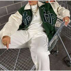Autumn ‘TAKE A TRIP’ Bomber Jacket Women Grass Green Contrast Sleeve Bomber Jacket with Letter Applique Baseball Jacket