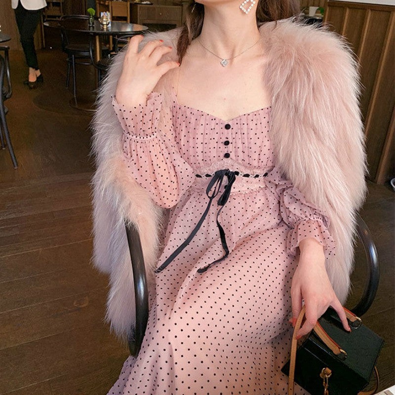 French Vintage Midi Dress Women Puffer Sleeve Square Collor Office Elegant Dress Female 2021 Spring Dot One Piece Dress Korean