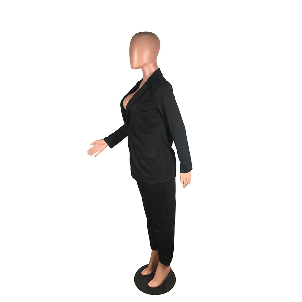 Classic Office Blazer Suit Two Piece Set 2021 Women Casual Commute Cropped Pants Suits Solid Color Mid Length Blazer with Pocket