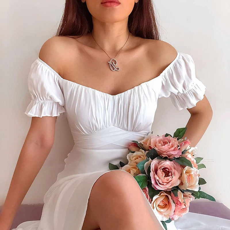 Lizakosht  2021 Summer's New Solid-colored Simple One-word Shoulder-length Skirt Summer Slash Neck  Puff Sleeve  Dresses for Women