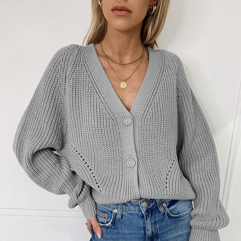 Spring Autumn Women's Cardigan European Style Solid Color V-neck Lantern Sleeve Knitted Cardigan New Button Cardigans GX274